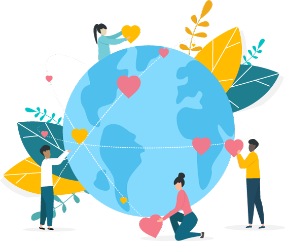 Illustration of globe with people holding hearts all over the world